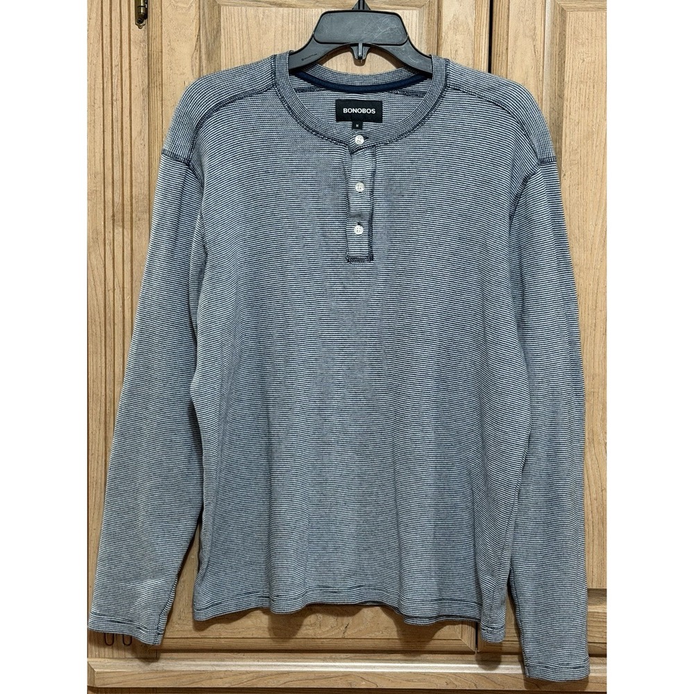 Bonobos Striped Henley Shirt Mens Size Medium Blue 100% Cotton Long Sleeve
